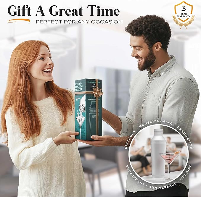 Insulated Cocktail Shaker Set | Double Wall Stainless Steel | Martini Shaker for Home Bar Bartending | Built-in Drink Measurement System & Strainer, Travel Bag, 35 Recipes | Gift Set (Matt White)