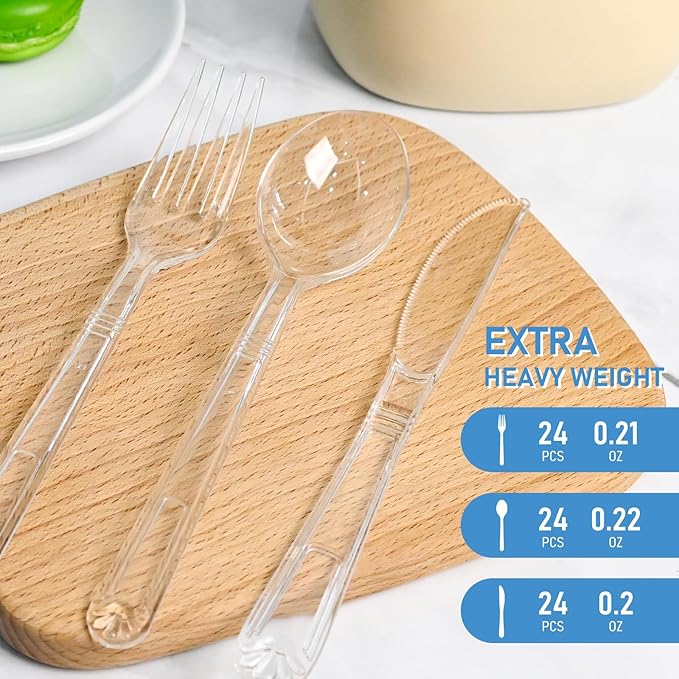72 Pcs Extra Heavy Duty Plastic Silverware Set, Disposable Utensils includes 24 Knives, 24 Forks and 24 Spoons