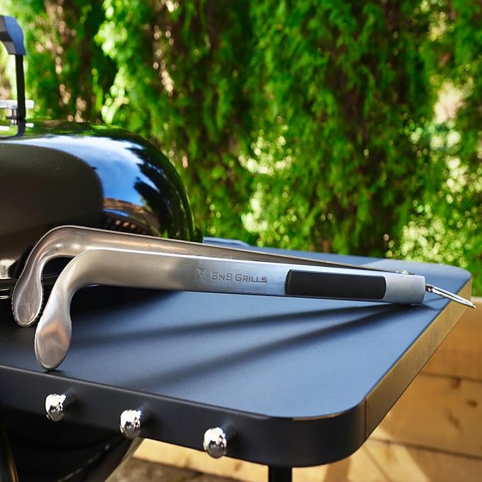 SnS Grills Slow ‘N Sear Cherry Picker Charcoal Tongs with Rubber Handle - Long, Durable Metal Tongs with Angled Head for BBQ, Grilling, and Outdoor Cooking