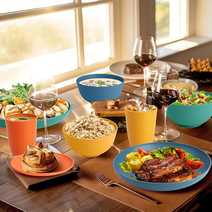 Homienly Dinnerware Set 32-Piece Wheat Straw Dinnerware Sets Unbreakable Reusable Dinnerware Set Kitchen Cups Plates and Bowls Sets, Microwave and Dishwasher Safe Dishes for Camping, Outdoor-Colorful