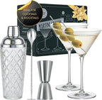 VEMACITY - Silver Luxury Home Mixology Cocktail Shaker Set with Silver Accessories - Glass Shaker with Built-In Strainer, 2 Ribbed Espresso Martini Glasses & Bar Tools - Gift Sets, Wedding Gift