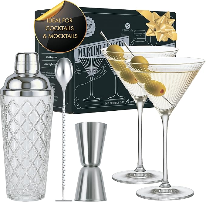 VEMACITY - Silver Luxury Home Mixology Cocktail Shaker Set with Silver Accessories - Glass Shaker with Built-In Strainer, 2 Ribbed Espresso Martini Glasses & Bar Tools - Gift Sets, Wedding Gift