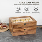 Silverware Box, 3-Layer Wooden Silverware Storage Box with Glass Lid, 14.5×10.6 Inches Vintage Style Decor Flatware Storage Case for Fine Flatware & Utensils, Gift Idea (Torched Wood)