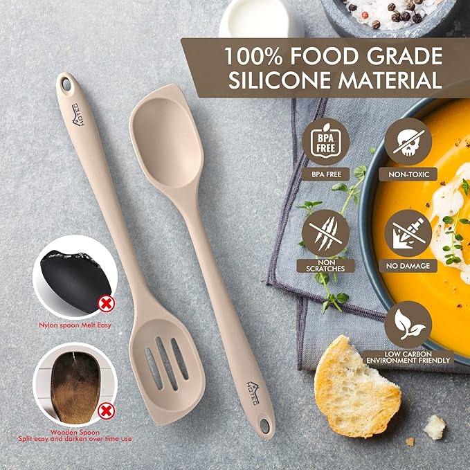 HOTEC Heat Resistant Silicone Cooking Spoon Spatula, Large Kitchen Solid and Slotted Spoons for Mixing, Serving, Scraping, Non-stick, Dishwasher Safe Khaki 12.5inch