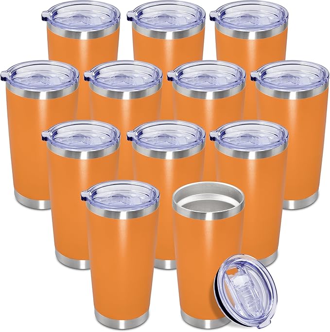 20 oz Tumbler Coffee Tavel Tumblers Bulk with Lid Stainless Steel Double Wall Vacuum Insulated Mug Powder Coated Cups fit Car Cupholder for Hot and Cold - Orange, 12Pack