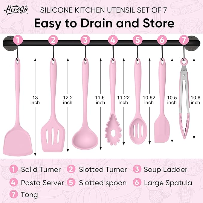 Herogo Silicone Cooking Utensils Set, 7-Piece Kitchen Utensils Set, Heat Resistant Cooking Gadget Tools Slotted Turner, Spoon, Soup Ladle, Pasta Server, Spatula, Tongs for Nonstick Cookware, Pink