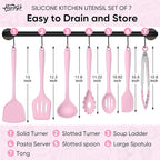 Herogo Silicone Cooking Utensils Set, 7-Piece Kitchen Utensils Set, Heat Resistant Cooking Gadget Tools Slotted Turner, Spoon, Soup Ladle, Pasta Server, Spatula, Tongs for Nonstick Cookware, Pink