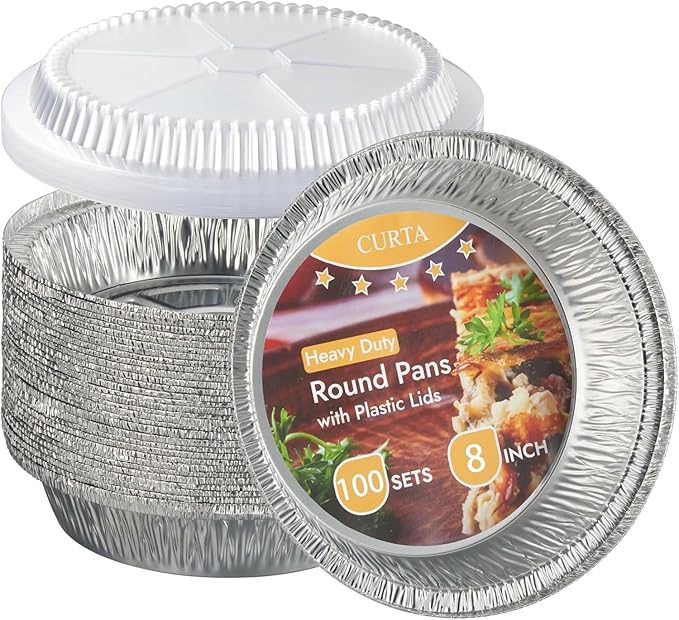 CURTA 8" Round Aluminum Foil Pans with Clear Lids | Heavy Duty | Great for Broiling, Baking, Storage, Roasting, Takeout, Air Fryer | 100 Pack