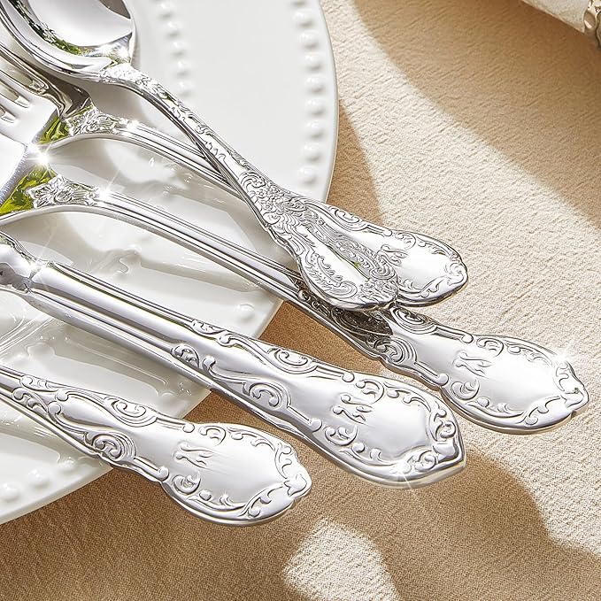 KINGSTONE Vintage Silverware Set, 60-Piece 18/10 Stainless Steel Retro Royal Flatware Cutlery Set for 12 with Carved Thick Handles, Tableware Utensils for Home,Party,Restaurant,Wedding,Dishwasher Safe