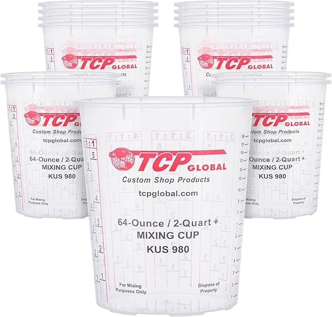 Custom Shop Paint Mixing Cups, 64-Ounce (12 Pack) - Plastic Measuring Cups for Liquids, Automotive Painting, Epoxy Resin, Acrylic Arts, Crafts, Disposable or Reusable, Graduated, Mixing Ratios