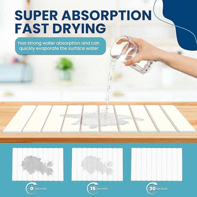 Stone Drying Mat for Kitchen Counter W/ Tote Bag, Large Stone Dish Drying Mat Foldable, Absorbent Diatomaceous Quick Dry Stone Mat Kitchen Dishes Bottles Cups Bathroom Any Countertop 23" x 15.3"