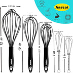 Anaeat Kitchen Whisk Set of 5, Perfect for Non-Stick Cookware, Egg Beater Milk Blender for Whisking, Cooking, Baking - 5"+7" Mini Wire Whisk and 8.5''+10.5''+12'' Silicone Balloon Whisks (Black)