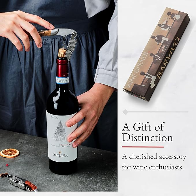 Barvivo Wine Opener with Foil Cutter and Cap Remover - Double Hinged Corkscrew for Bartenders - Stainless Steel Wine Key for Easy Bottle Opening - Manual Wine Bottle Opener - Ebony Wood, 4.7x1.2-Inch