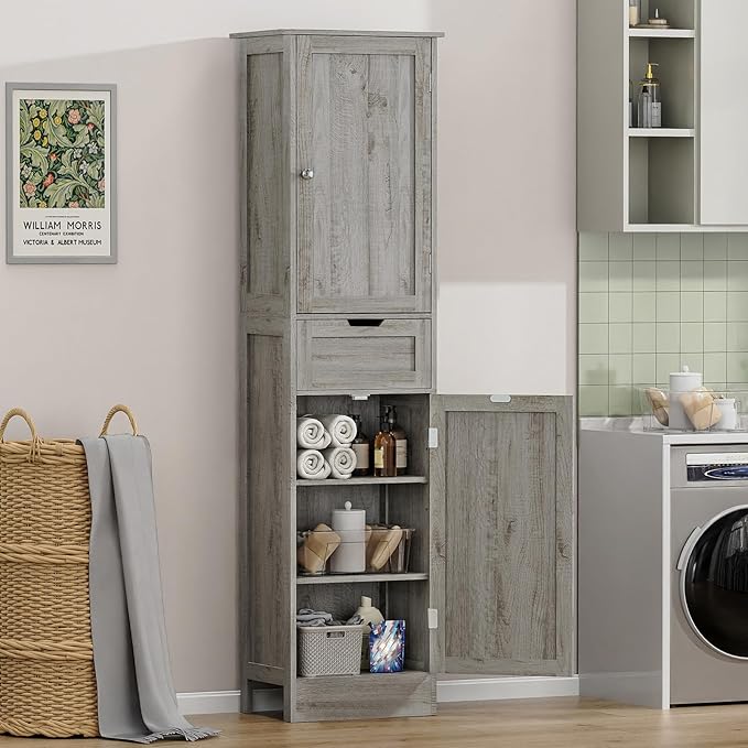 Iwell 67" Tall Bathroom Cabinet with Adjustable Shelves & 1 Drawer, Storage Cabinet with 2 Doors, Narrow Tall Cabinet, Floor Cabinet for Bathroom, Living Room, Home Office, Grey