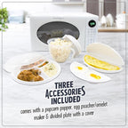 Nostalgia Modern Retro Countertop Microwave Oven - 700-Watt - 0.7 cu ft - Retro Microwave and Accessory Bundle with Popcorn Popper, Egg Poacher / Omelet Cooker, and Divided Plate with Cover - White