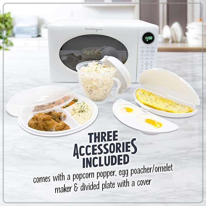 Nostalgia Modern Retro Countertop Microwave Oven - 700-Watt - 0.7 cu ft - Retro Microwave and Accessory Bundle with Popcorn Popper, Egg Poacher / Omelet Cooker, and Divided Plate with Cover - White