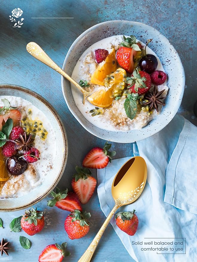 EUIRIO 24-Piece Gold Silverware Set with Steak Knives, Stainless Steel Flatware Set for 4, Mirror Gold Cutlery with Unique Floral Laser, Includes Spoons, Forks, Knives, Dishwasher Safe