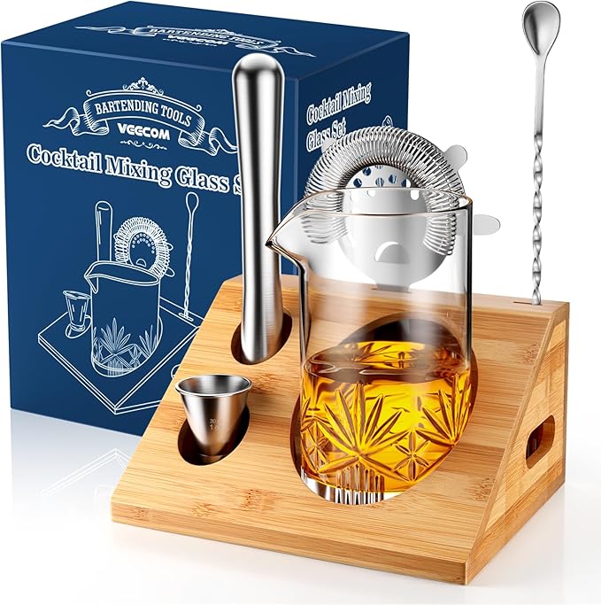 Cocktail Mixing Glass, veecom 6 Piece Crystal Bar Mixing Glass Bartender Set with Bamboo Stand, 18oz Old Fashioned Kit Cocktail Beaker Glass Set with Strainer, Muddler, Spoon, Jigger