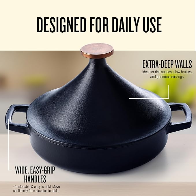 Alva Nori 3-Qt Enameled Cast Iron Tagine – Made With No PTFE, PFOA, PFAS, Oven & Induction Safe – 3-Layer Enamel, No Seasoning Needed – Moroccan-Style Dutch Oven for Braising, Stewing & Roasting, Black