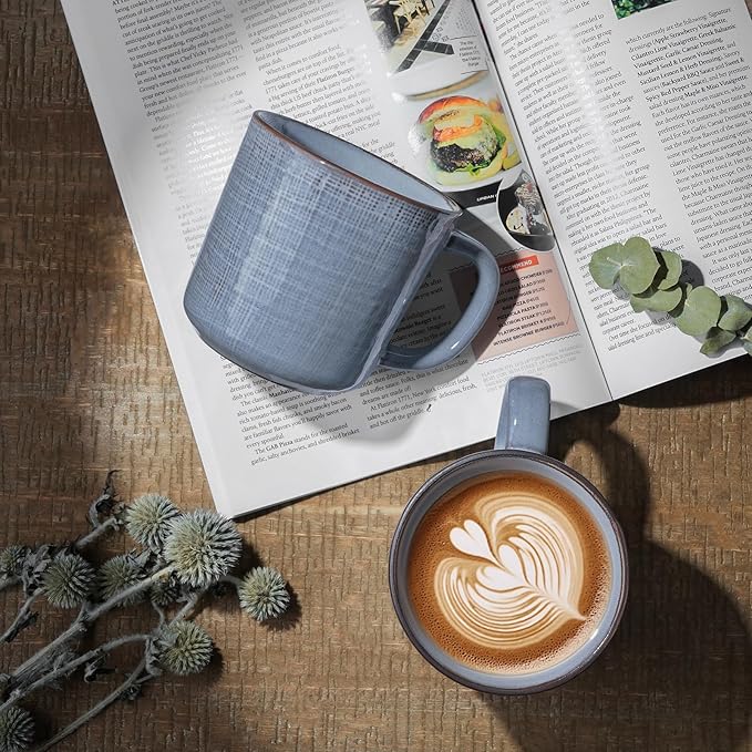 famiware Moonlight Coffee Mug Set of 4, 13oz Mug Set with Linen Finish, Coffee Cup Set with Handle for Latte, Cappuccino, Tea, Hot Cocoa, Microwave and Dishwasher Safe, Blue