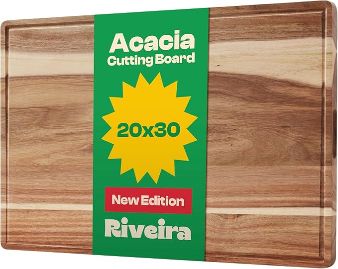 Riveira Acacia Wood Cutting Board – Gourmet Acacia Grandeur: 20 x 30 Wooden Cutting Board – Natural Wooden Cutting Boards For Kitchen Decorative – Innovative Juice Grooves Acacia Wooden Chopping Board