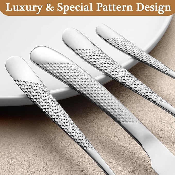 16 Piece Hammered Silverware Set for 4, Premium Food-grade Stainless Steel Flatware Set, Modern Design & Mirror Polished Cutlery Set, Eating Utensil Set Include Fork Knife Spoon Set, Dishwasher Safe
