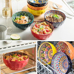 Cereal Bowls Set of 6, Bohemian Soup Bowls, 30 oz Colorful Ceramic Serving Bowls for Kitchen, Breakfast, Boho Decorative Bowl, Microwave Oven Safe Bowl for Salad, Pasta, Oatmeal