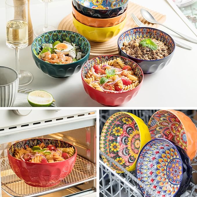 Cereal Bowls Set of 6, Bohemian Soup Bowls, 30 oz Colorful Ceramic Serving Bowls for Kitchen, Breakfast, Boho Decorative Bowl, Microwave Oven Safe Bowl for Salad, Pasta, Oatmeal