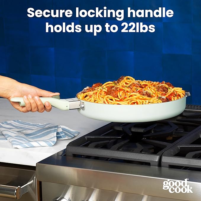 GoodCook Ceramic Cookware Set 14-Piece with Removable Handles, Nonstick Pots & Pans, Induction & Oven Safe, Sage Green