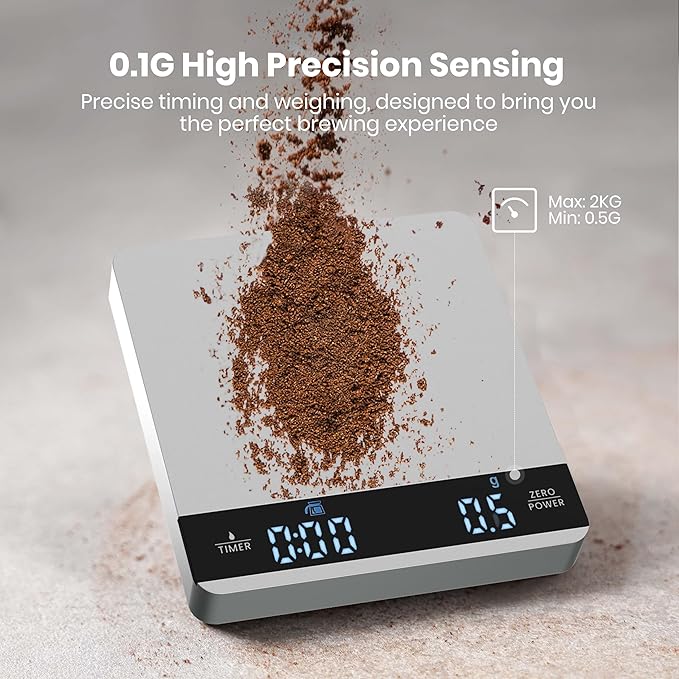 Mini Coffee Scale with Timer, Maestri House Rechargeable Espresso Scale, 2kg/0.1g Accurate Scale for Espresso and Pour-Over Coffee, Portable Digital Kitchen Scale with Automatic Timing-Silver