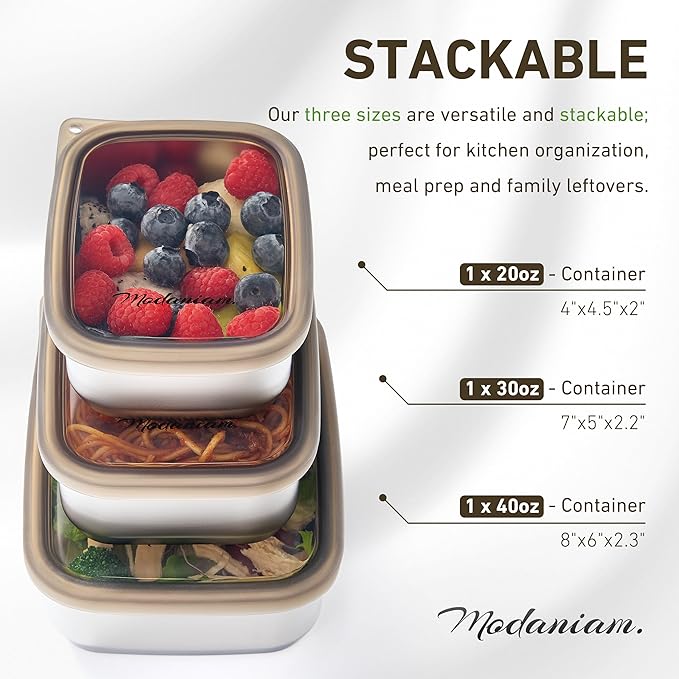 Flexibento - Stainless Steel Nesting Lunch Containers with clear Silicone Lids, Leak Proof & Dishwasher Safe|Set -20,30, 40 OZ| Bento Box | Meal prep|Metal lunch Box for adults
