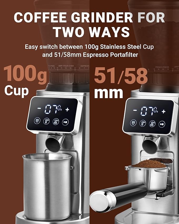 AMZCHEF Coffee Grinder, Coffee Bean Grinder for Home Use with Precise Grinding, LED Control Panel, Detachable Funnel Stand, Anti-static Design, 24 Grind Settings, Silver