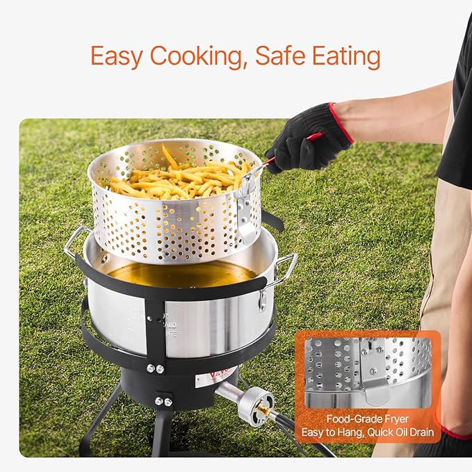 VEVOR 10 Qt Fish and Wing Fryer, Aluminum Propane Fish Fryer Kit, Outdoor Deep Fryer Seafood Pot with Thermometer, Strainer Basket, and 54,000 BTUs Propane Burners, for Outdoor and Backyard Cooking