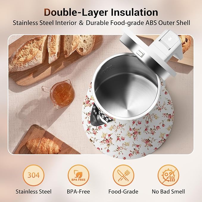 1.2L Double Wall Stainless Steel Interior Water Boiler, Cordless, 1000W Fast Boil with LED Light Coffee Pot & Tea Electric Kettle, Auto Shut-Off and Boil-Dry Protection (Red Flower)
