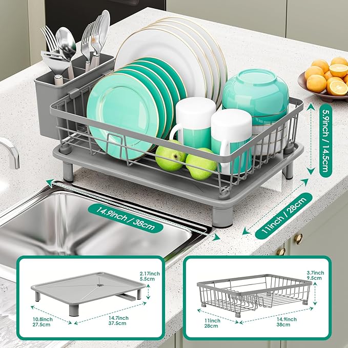 Dish Drying Rack, Space-Saving Dish Rack, Dish Racks for Kitchen Counter, Kitchen Dish Drainers with Removable Utensil Holder,Plate Rack and Drainboard, 11''W x 15''L, Gray