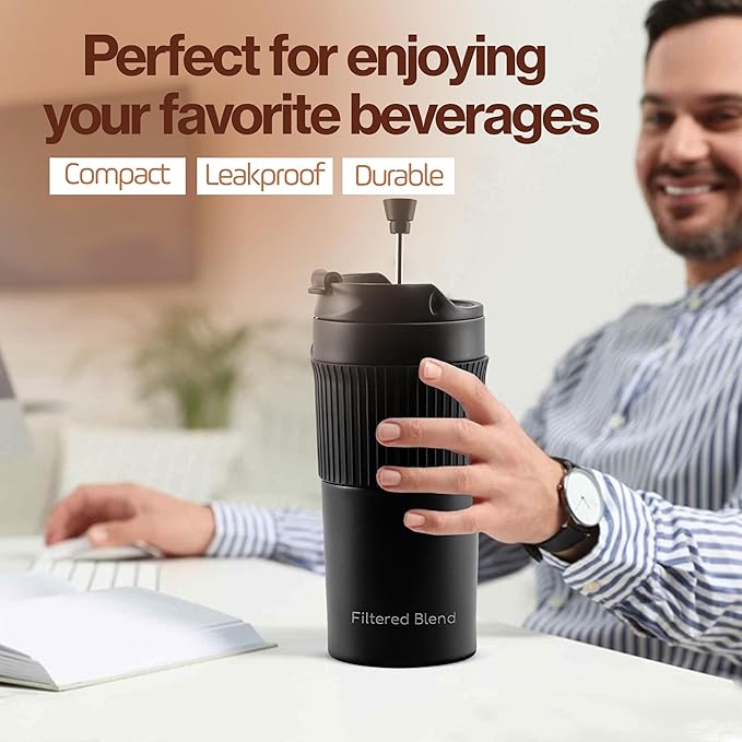 15oz Double Wall Stainless Steel Insulated French Press Coffee and Tea Maker - Portable Camping Tea, Coffee Mug and Tumbler (White)