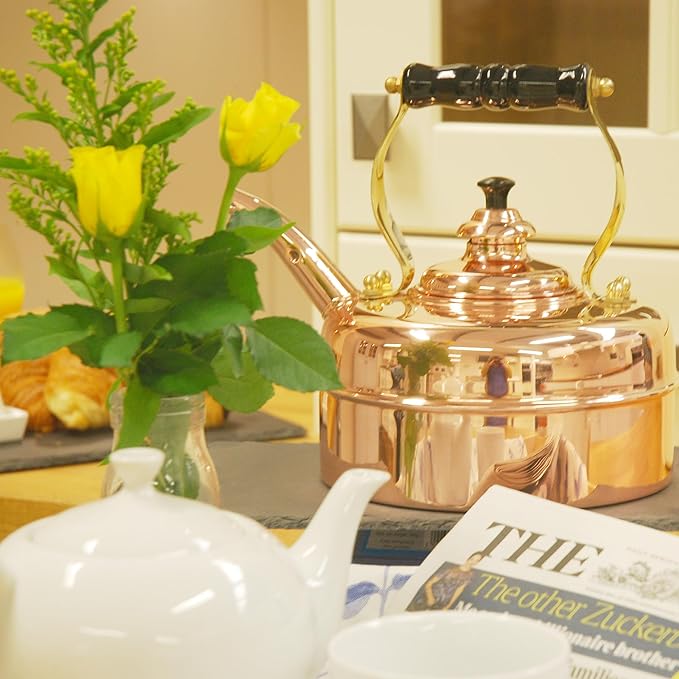 Newey & Bloomer Kensington No. 1 Tea Kettle, 1.9 Qt. - Handmade Solid Copper Body & Beechwood Handle, Whistling Lid - Classic British Craftsmanship - Gas & Electric Compatible