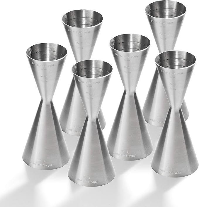 Piña Barware Slim Stainless Steel Commercial 2oz. / 1oz. Slim Style Measuring Jigger Bar Tool (Brushed Finish, 6 Pack/Commercial Bar Pack)