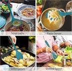 P&P CHEF Silicone Cooking Utensils Set of 7, Heat-proof Kitchen Utensils Set for Nonstick Cookware, Non-stick Spatula, Slotted Turner, Soup Ladle, Pasta Server, Spoon for Cooking Serving - Blue