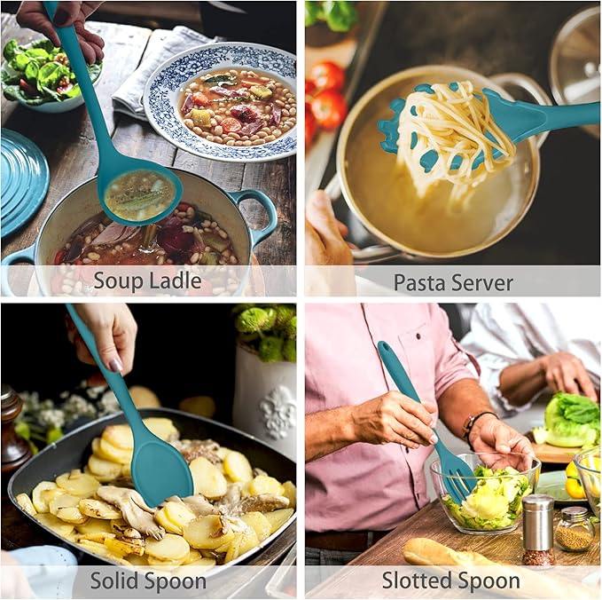 P&P CHEF Silicone Cooking Utensils Set of 7, Heat-proof Kitchen Utensils Set for Nonstick Cookware, Non-stick Spatula, Slotted Turner, Soup Ladle, Pasta Server, Spoon for Cooking Serving - Blue