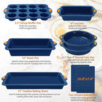 To encounter 8 in 1 Silicone Baking Set - 6 Cake Molds - 2 Silicone Baking Mat, Nonstick Cookie Sheet, Cake Muffin Bread Pan with Grips and Metal Reinforced Frame More Strength, Navy Blue
