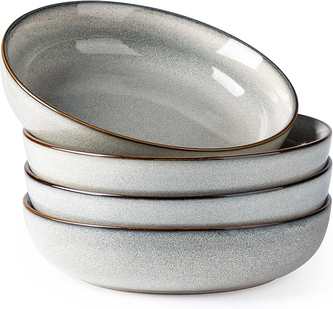 GBHOME 9'' Large Ceramic Pasta Bowls, 38oz Stoneware Pasta Serving Bowls Set of 4 for Kitchen, Wide Bowls for Fruit,Pasta,Salad,Oatmeal,Meal, Microwave Safe, Reactive Glaze-Green Wheat