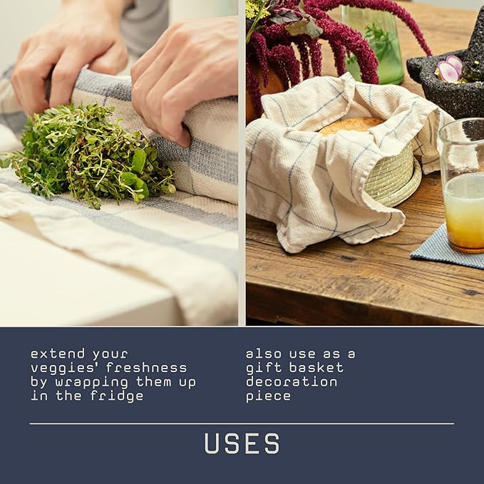 MEEMA Kitchen Towels and Dishcloths Sets of 4 | Large 18 x 28 Inch | Upcycled Cotton Tea Towel | Super Absorbent Cotton Dish Towels for Kitchen | Blue Stripes | Hand Towels