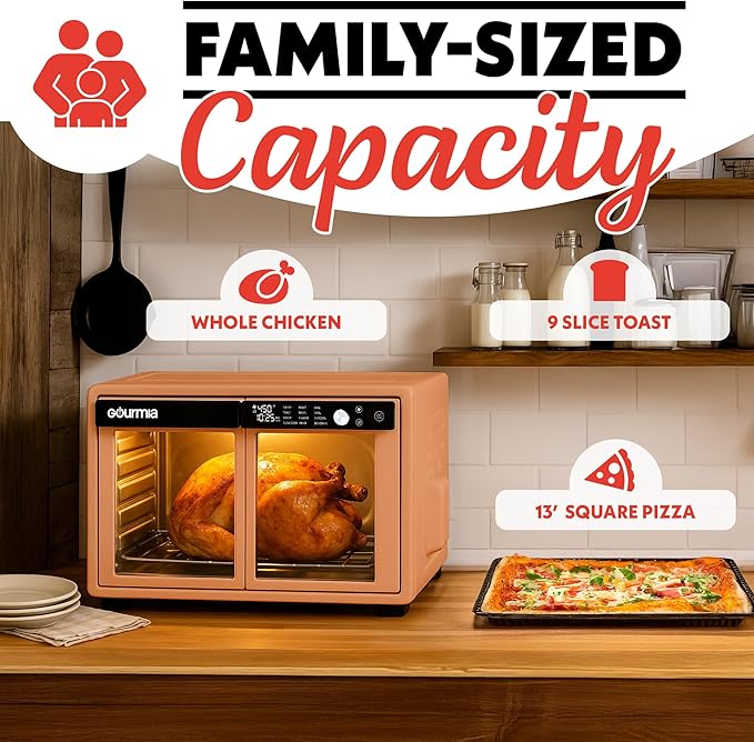 Gourmia French Door Digital Air Fryer Oven - 25-Quart XL Capacity, 12 Presets, Touchscreen, FryForce 360° Tech, Dehydrate, Proof, Slow Cook, Fits 13” Pizza, 1700W, Peach