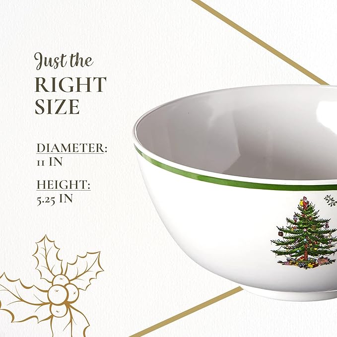 Spode Christmas Tree Melamine Deep Bowl - Large 11-Inch Round Serving Bowl for Salad, Pasta, Side Dishes - Festive Holiday Tableware - Shatterproof, Indoor/Outdoor Use, Dishwasher Safe