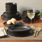 Gibson Elite Overbrook 16-Piece Pottery Clay Stoneware Dinnerware Set – Black Reactive Glaze, Stackable Plates and Bowls W/Pasta Bowl, Service for 4 – Microwave & Dishwasher Safe