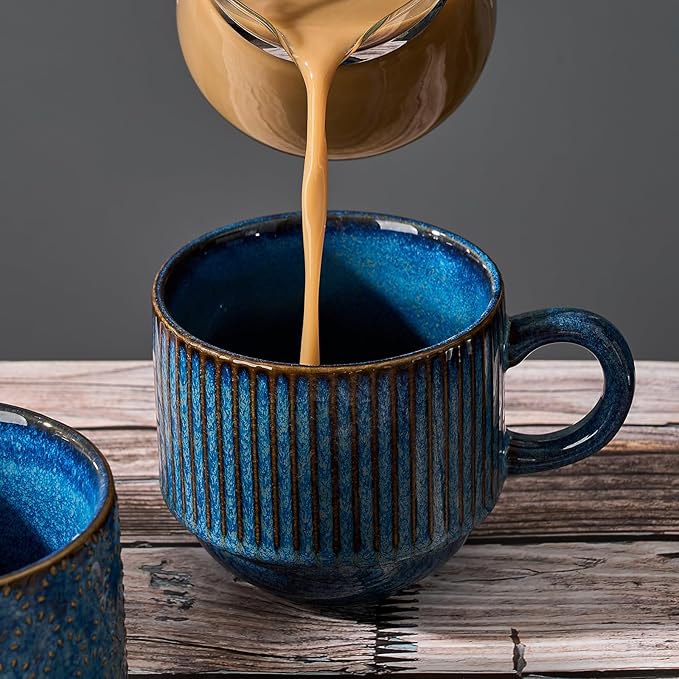 Large Ceramic Coffee Mug Set of 4 with Stand, 15 Oz Stackable Different Embossment Ribbed Latte Cup Set for Cappuccino, Tea, Hot Cocoa, Drinks - Dishwasher & Microwave Safe, Blue