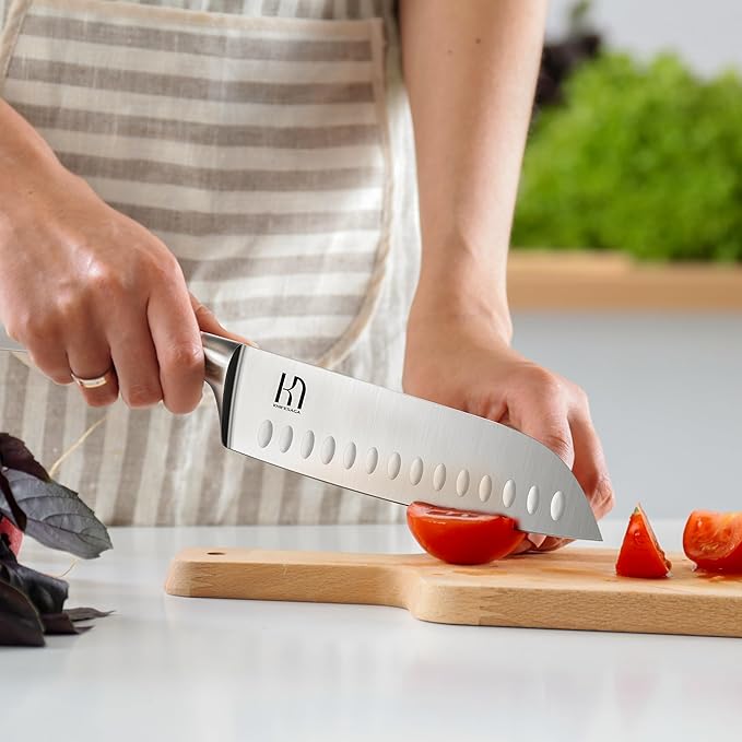 Santoku Knife 7 Inch, Japanese Professional Chef knife High Carbon Stainless Steel, Razor Sharp Chefs Kitchen Knife, Vegetable Chopping Knife for Cooking With Full-tang Handle, White