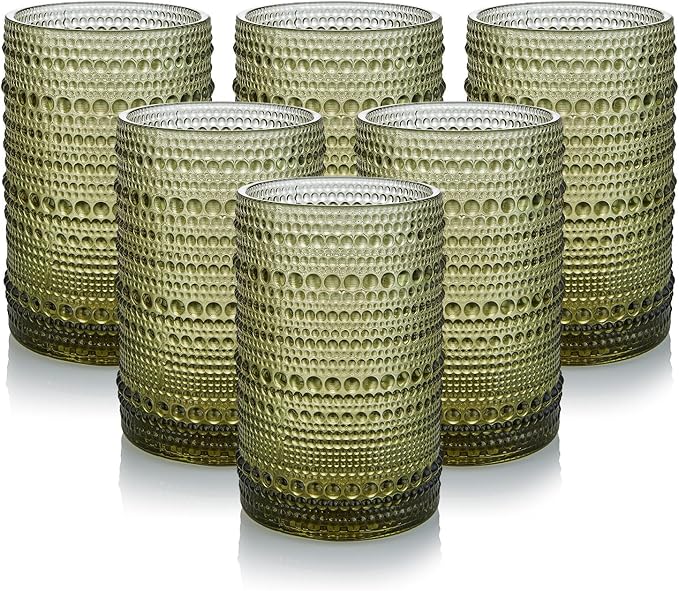 Hobnail Drinking Glasses Set of 6,15 oz Vintage Glassware Set Cocktail Glass Set, Embossed Green Water Tumbler,for Beer, Whiskey,Juice and Various Mixed Drinks (15oz Green)