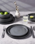 famiware Star Salad Plates for 6, 8 inches Plate Set, Stoneware Dinnerware, Small Dinner Plates for Dessert, Salad, Appetizer, Matte Dark Charcoal (Full Glaze)